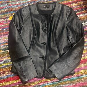 St. John Black Leather Collarless Button Jacket